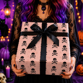 Papel De Regalo Patrón de Halloween de Cruz de Cráneos Negra Rosa
