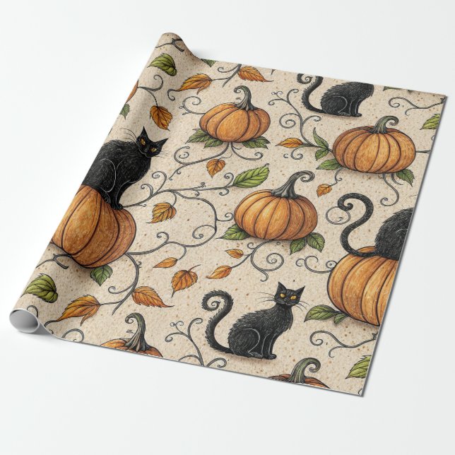 Papel De Regalo Patrón de Halloween de gatos negros y calabazas (Desenrollado)