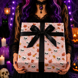 Papel De Regalo Patrón de Halloween de hojas de otoño con calavera
