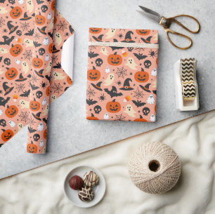 Papel De Regalo Patrón de Halloween de naranja negra estacional es