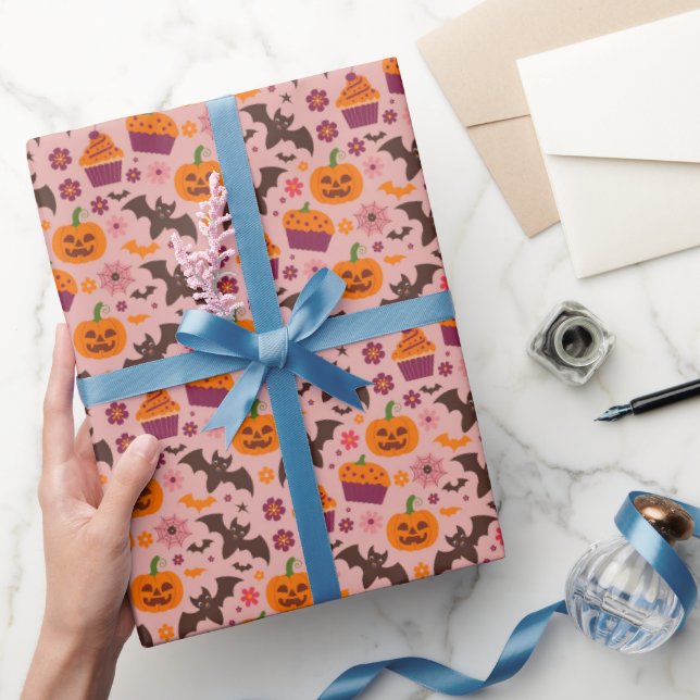 Papel De Regalo Patrón de Halloween | Festividad rosa y Naranja (Regalar)