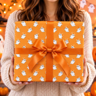 Papel De Regalo Patrón de Halloween Naranja Fantasmas Lindos