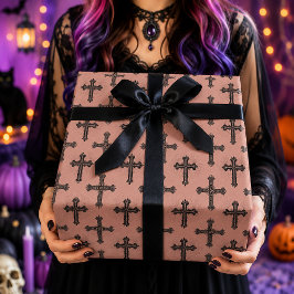 Papel De Regalo Patrón de Halloween Rosa de Cruz Gótica y Telaraña