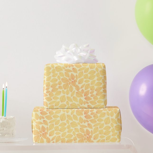 Papel De Regalo Patrón De Hoja De Naranja Amarillo En Fondo Pastel (Regalos de fiesta)