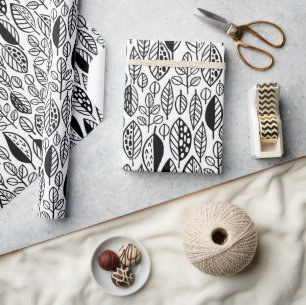 Papel De Regalo Patrón de hoja dibujada a mano ID495 negro