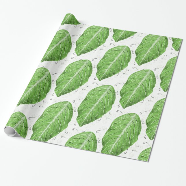 Papel De Regalo Patrón de hoja verde Botánico (Desenrollado)