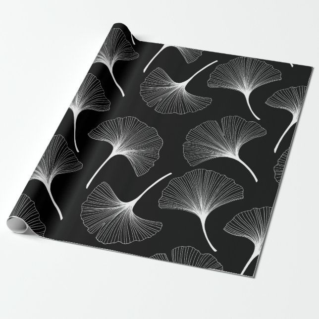 Papel De Regalo Patrón de hojas abstractas blancas y negras (Desenrollado)