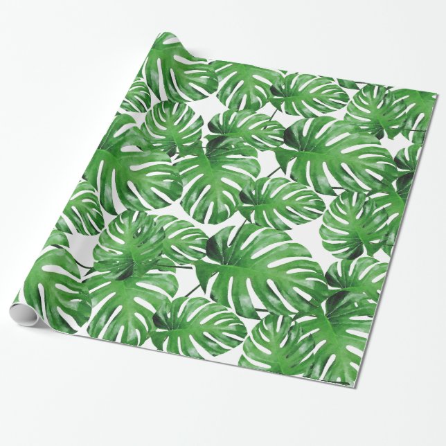 Papel De Regalo Patrón de hojas de monstera tropical acuarela (Desenrollado)