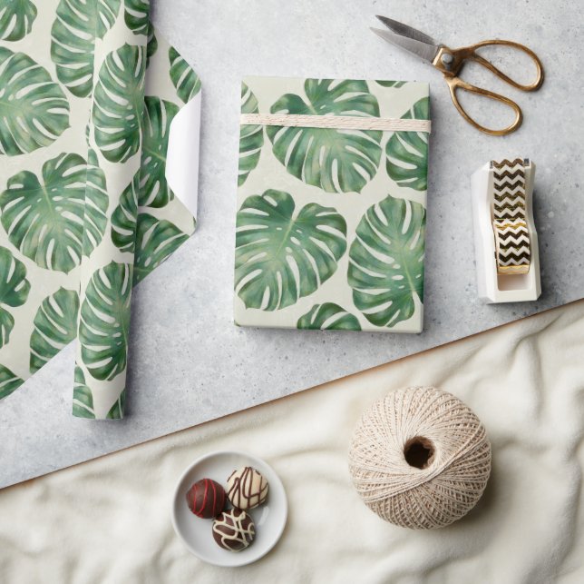 Papel De Regalo Patrón de hojas de monstera tropical verde (Artesanía)