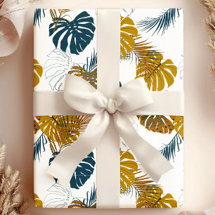 Papel De Regalo Patrón de hojas de palma azul marino y dorado trop