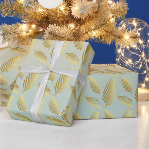 Papel De Regalo Patrón de hojas de palma doradas y tono de azul