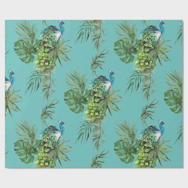 Papel De Regalo Patrón de hojas de pavo real y tropical (Superficie plana)