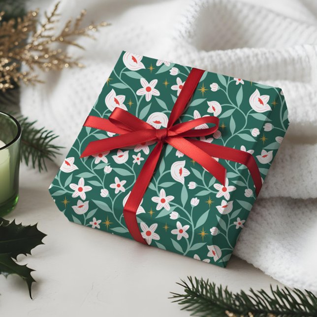 Papel De Regalo Patrón de hojas de vino de flor floral estático (Stary Botanical Floral Blossom Vine Leaf Pattern Wrapping Paper)