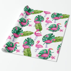 Papel De Regalo Patrón de hojas tropicales de color rosa Flamingo