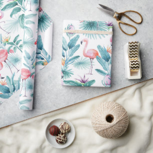 Papel De Regalo Patrón de hojas tropicales de flamencos rosados