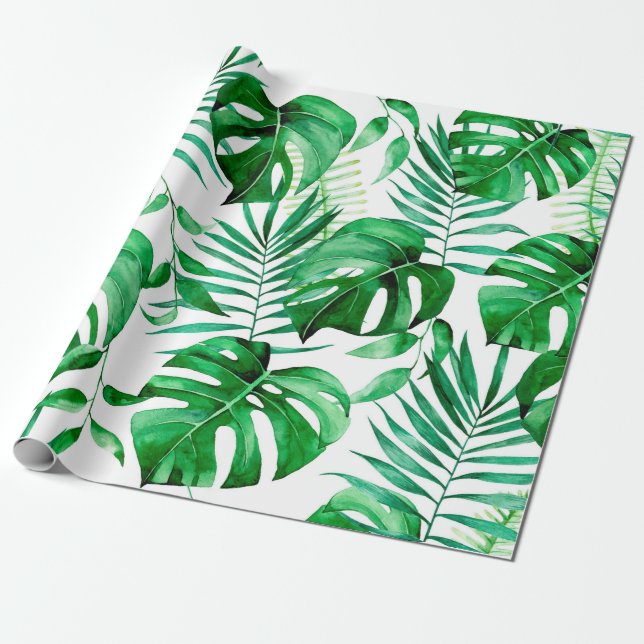 Papel De Regalo Patrón de hojas tropicales verdes (Desenrollado)