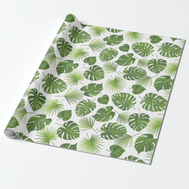 Papel De Regalo Patrón de hojas tropicales verdes y elegantes (Desenrollado)