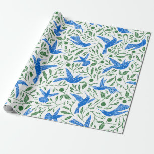 Papel De Regalo Patrón de hojas verdes de colibríes azules
