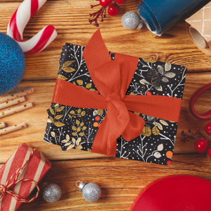 Papel De Regalo Patrón de hojas y bayas intrincadas en negro