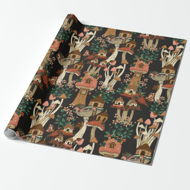 Papel De Regalo Patrón de hongos florales de núcleo de la cabaña n (Desenrollado)