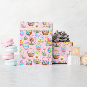 Papel De Regalo Patrón de Huevos y Cestas de Pascua - rosa suave