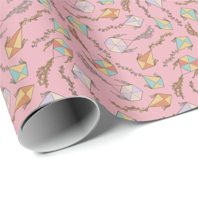 Papel De Regalo Patrón de iconos de cometas rosa (Esquina del rollo)