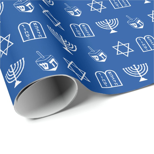 Papel De Regalo Patrón de iconos judíos blancos modernos Hanukkah (Esquina del rollo)