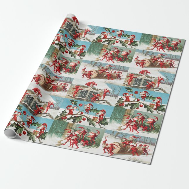 Papel De Regalo Patrón de Ilustracion de Navidades de Santa Elves (Desenrollado)
