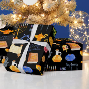 Papel De Regalo Patrón de Ilustraciones Hanukkah de acuarela alegr