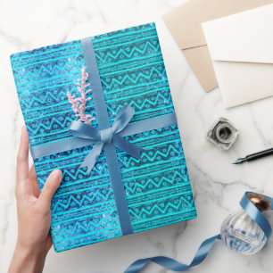 Papel De Regalo Patrón de impresión tribal Glam Turquoise Faux Pur