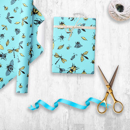 Papel De Regalo Patrón de insectos | Azul claro