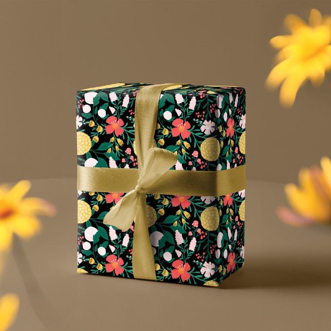 Papel De Regalo Patrón de jardín botánico floral negro (Botanical Floral Festive Garden Pattern Black Wrapping Paper)