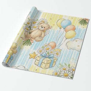 Papel De Regalo Patrón de jardín de margaritas de osito de peluche