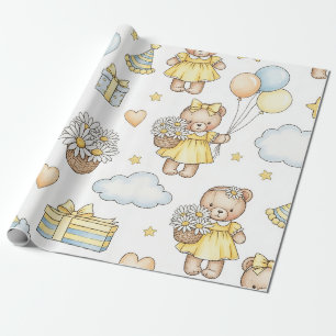 Papel De Regalo Patrón de jardín de margaritas de osito de peluche