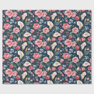 Papel De Regalo Patrón de jardín floral azul marino romántico