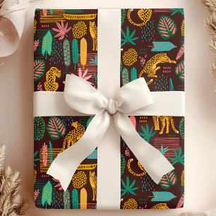 Papel De Regalo Patrón de jungla púrpura tropical de gatos leopard
