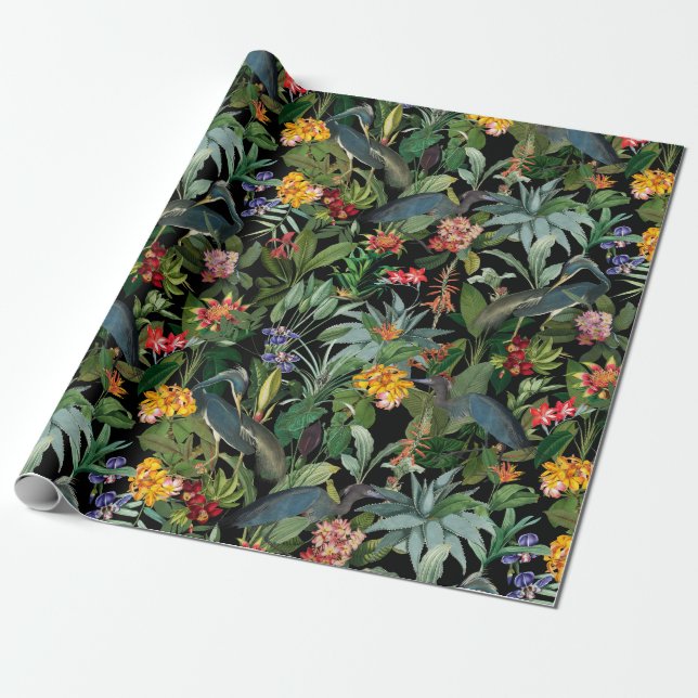 Papel De Regalo Patrón de la antigua garza azul y las flores tropi (Desenrollado)