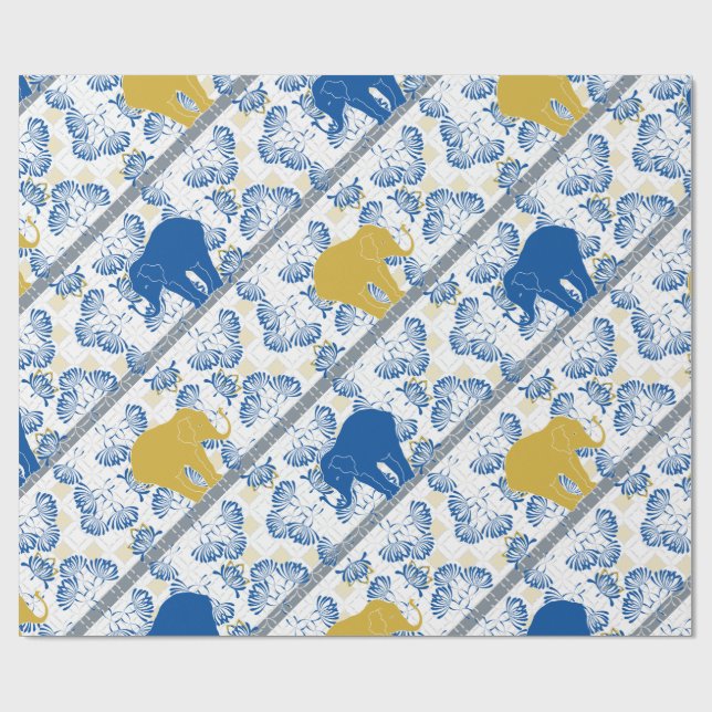 Papel De Regalo Patrón de la jungla azulada floral de Elefante dor (Superficie plana)