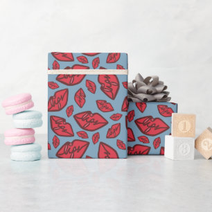 Papel De Regalo Patrón de labios divertidos y bonitos azul