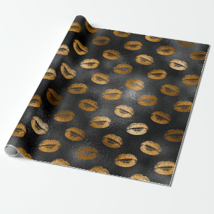 Papel De Regalo Patrón de labios glamurosos negros y dorados