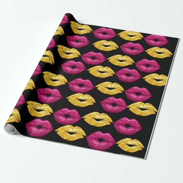 Papel De Regalo Patrón de labios rosados y dorados sexy (Desenrollado)