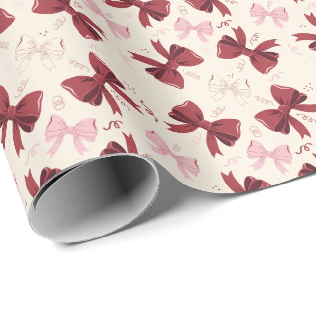 Papel De Regalo Patrón de lazo coqueta de Borgoña (Esquina del rollo)