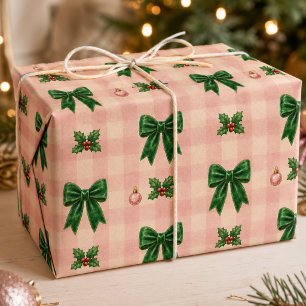 Papel De Regalo Patrón de lazo de Navidad de gingham rosa verde fe