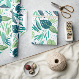 Papel De Regalo Patrón De Leafs Verdes Tropicales Variadas En Blan