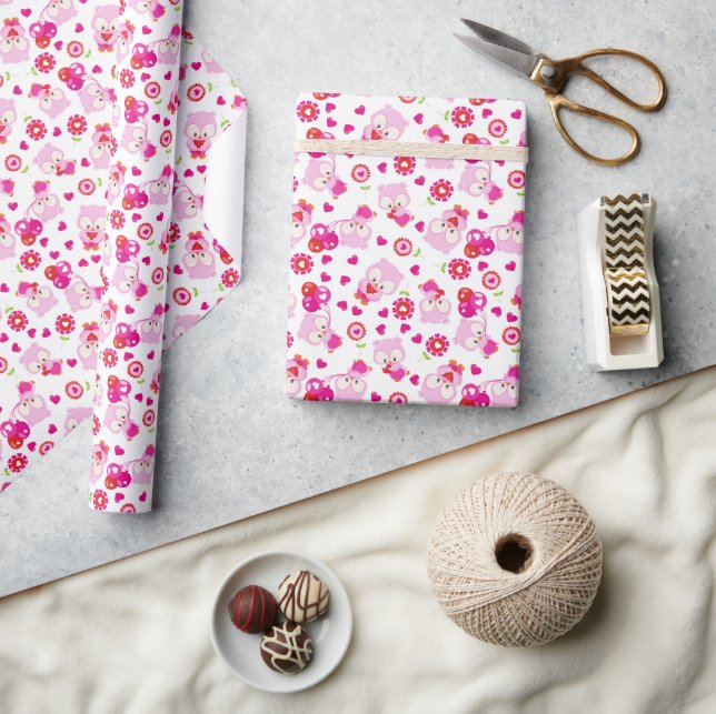 Papel De Regalo Patrón De Lechuzas, Lechuzas Cutas, Lechuzas Rosad (Artesanía)