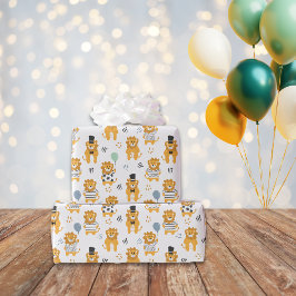 Papel De Regalo Patrón de león divertido | Blanco