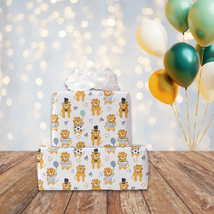 Papel De Regalo Patrón de león divertido   Blanco