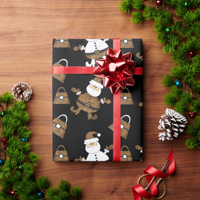 Papel De Regalo Patrón De Leopard Santa Purse En Negro (Regalo de vacaciones)