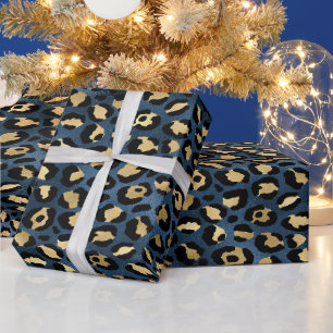 Papel De Regalo Patrón de Leopardo Azul Dorado