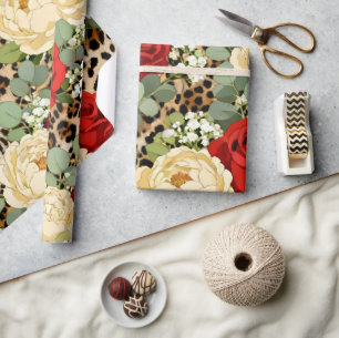Papel De Regalo Patrón de Leopardo y Rosa Roja - Floral Animal Chi